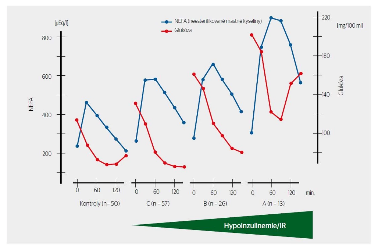 Vliv inzulinemie na neesterifikované mastné kyseliny (NEFA) po podání bolusu glukózy – diabetes mellitus 2. typu. Křivky během zatížení glukózou
1 g/kg u 50 kontrolních a 96 pacientů s IGT nebo diabetem 2. typu, všichni neobézní (BMI 24 až 28 kg/m2). Vzorce poklesu NEFA byly rozděleny jako „skupina C“
(n = 57) – nadir podobný jako u kontrol, ale vyskytující se později než u kontrolních pacientů, po 60 minutách a trvající až 150 minut. „Skupina B“ (n = 26) –
snížení NEFA nedosahující nejnižší hodnoty kontrolních skupin ani po 150 minutách. „Skupina A“ (n = 13) – nadir NEFA mnohem vyšší než normálně, trvající
pouze 30 minut mezi 60. a 90. minutou, s největší pravděpodobností souvisí s vysokou hodnotou NEFA před zatížením. Vyšší počáteční koncentrace NEFA
a vysoké nejnižší hodnoty ve skupinách A a B indikují kromě zhoršené glukózové tolerance nižší omezení lipolýzy v tukové tkáni. [Upraveno podle 4]