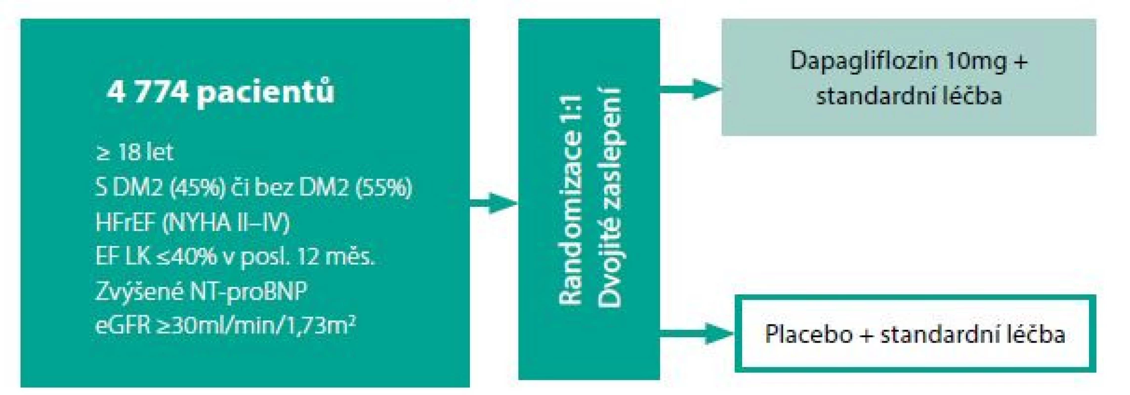 Uspořádaní studie DAPA-HF. Posouzení dapagliflozinu u nemocných
s chronickým HFrEF s i bez DM2
