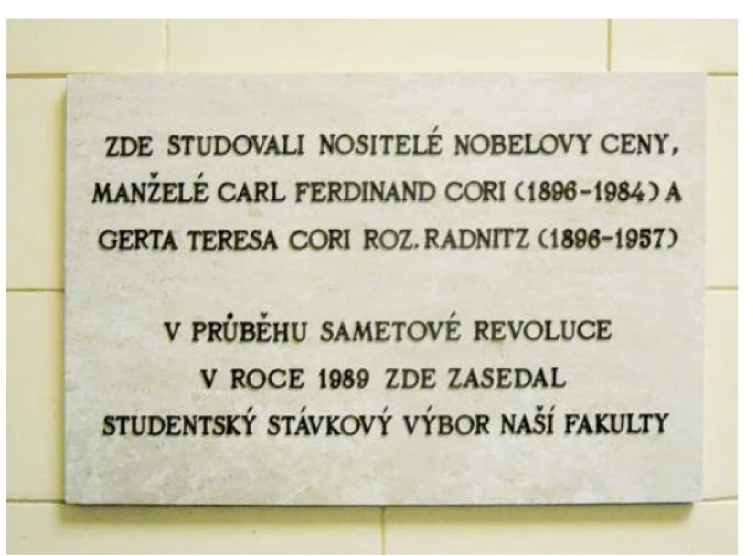 Deska upomínající studium medicíny manželů Coriových,
umístěná ve vestibulu budovy dnešní 1. lékařské fakulty Univerzity
Karlovy v Praze 2, U Nemocnice 5 – před „Síní Coriových“. Tato
deska byla odhalena 23. září 2003.