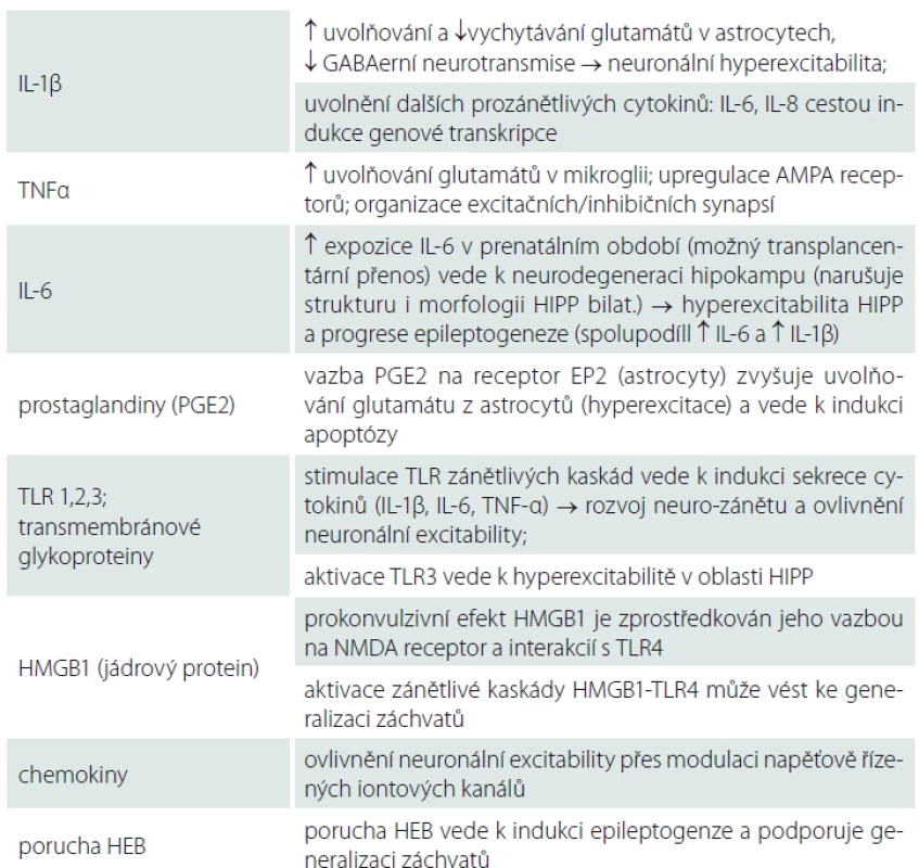 Souhrn mechanizmů ovlivnění neuronální excitability mediátory zánětu
(cytokiny, chemokiny, porucha HEB) [4–14].