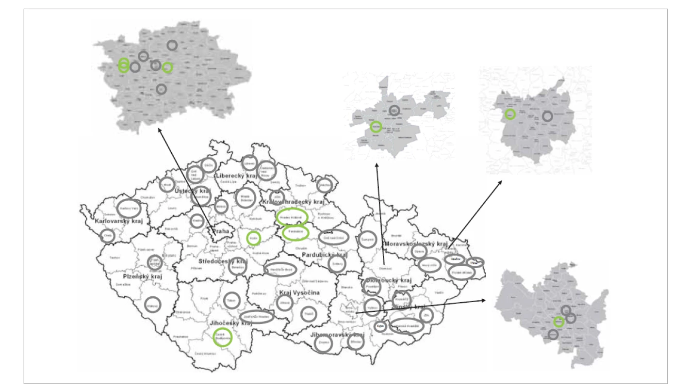 Pracoviště provádějící petrosektomie (zelená – provádějící, šedá – neprovádějící).<br>
Fig. 12. Departments performing petrosectomy (green – perform, grey – do not perform).
