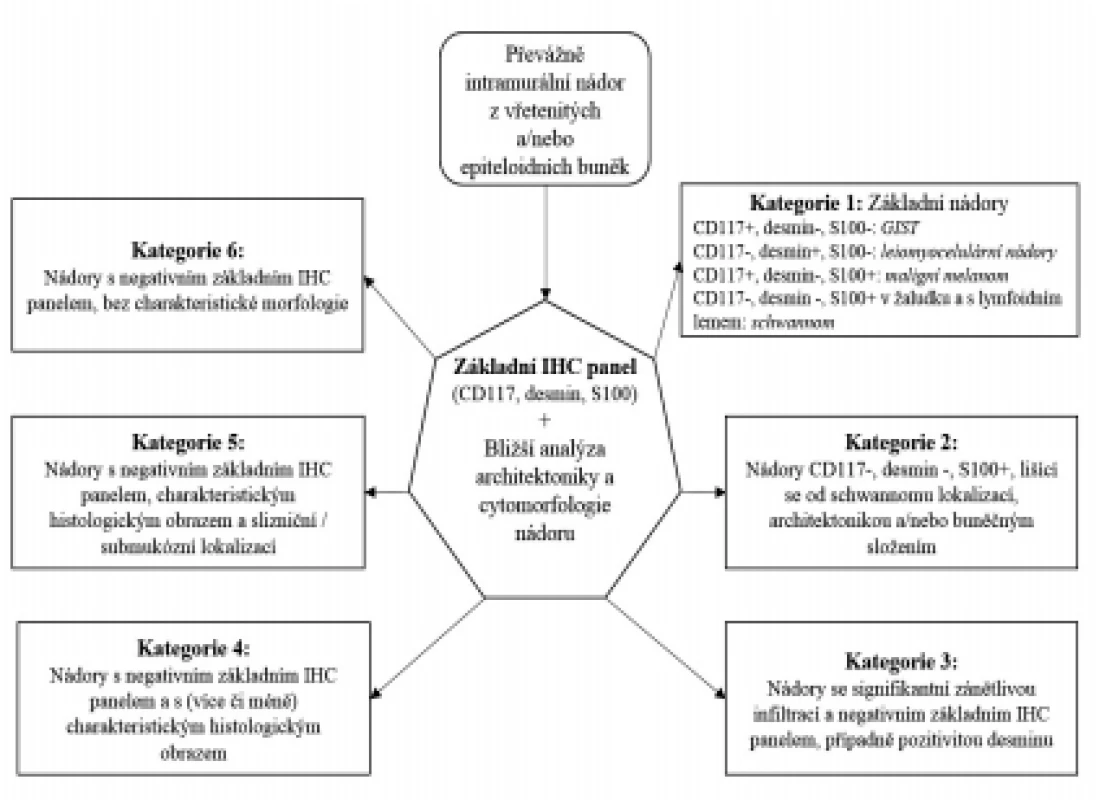 Algoritmus diferenciální diagnostiky mezenchymálních lézí GIT. Na podkladě výsledků vyšetření základním imunohistochemickým panelem (CD117, desmin, S100) a bližší
analýzy histomorfologie nádoru lze mezenchymální léze rozdělit do 6 základních diagnostických kategorií. Bližší charakteristika a  diferenciální diagnostika samostatných jednotek
z těchto kategorií je uvedena v textu.