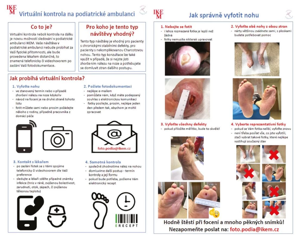 Příklad edukačního materiálu pro pacienty: Virtuální kontrola v podiatrické ambulanci s instrukcí správného focení nohy a komunikace
s podiatrickou ambulancí