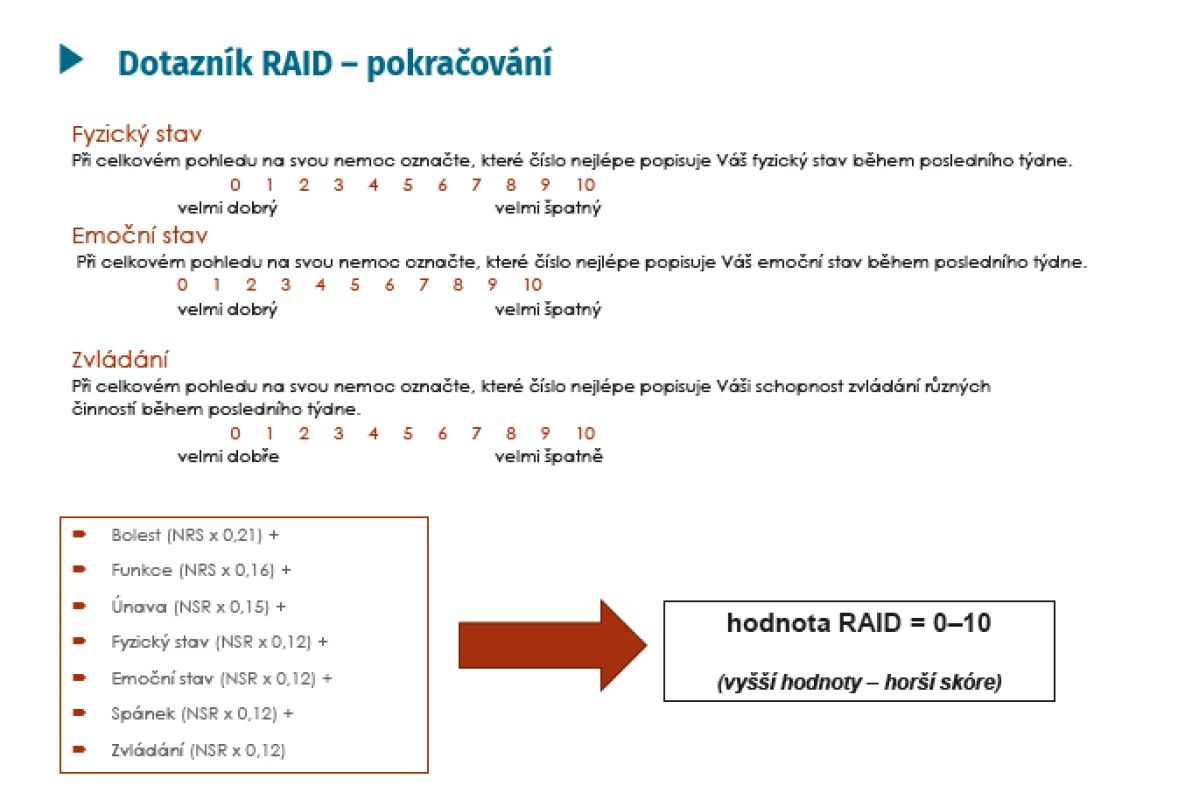 Dotazník RAID – hodnocení<br>
NRS – numderická hodnotící škála (Numeric Rating Scale)