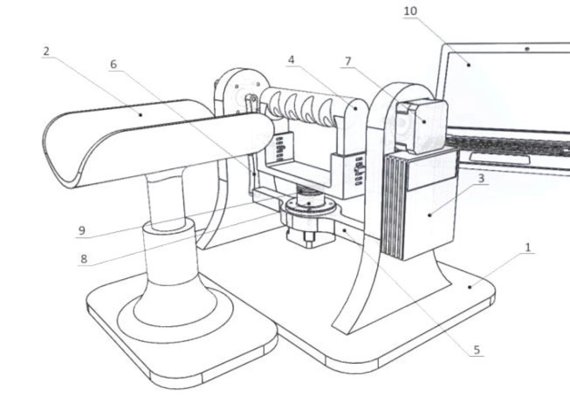 Manipulator for wrist rehabilitation: 1—base, 2—adjustable support for the
forearm, 3—stepper motor controller, 4—adjustable handle, 5—swivel arm, 6—main arm,
7—stepper motor, 8—force sensor, 9—swivel head, 10—computer.