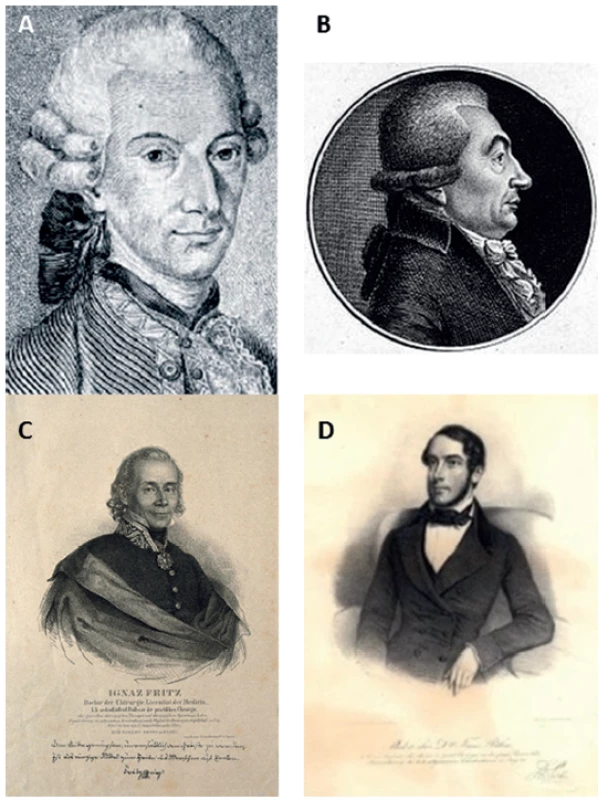Portréty chirurgů významných v českém herniologickém
výzkumu i praxi<br>
Fig. 1. Portraits of important surgeons in the Czech herniological
research and pratice<br>
a) prof. Josef Tadeáš Klinkosch<br>
b) prof. Franz Caspar Hesselbach<br>
c) prof. Ignaz Franz Fritz<br>
d) prof. František Piťha<br>