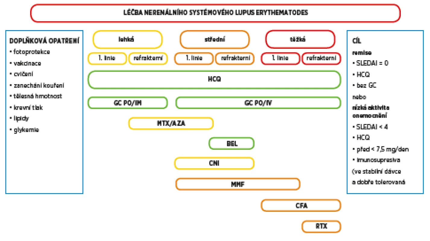Aktuální doporučení pro léčbu SLE bez postižení ledvin (upraveno dle Fanouriakis et al. 2019). Terapie je volena dle tíže
manifestací onemocnění u individuálního pacienta. Kožní vaskulitida postihující ≤ 18 % tělesného povrchu je řazena mezi středně těžké
projevy SLE.