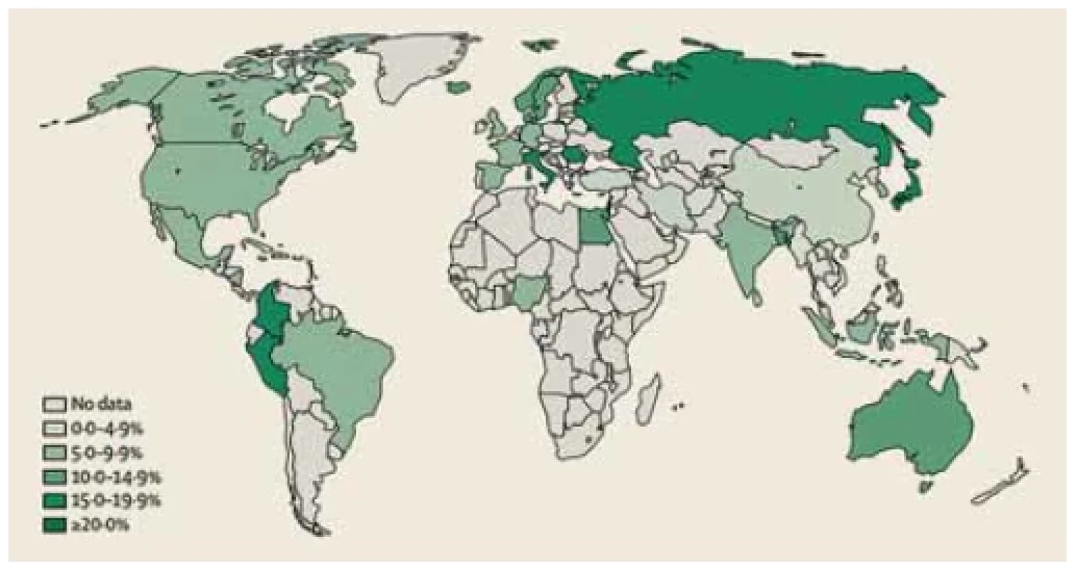 Global prevalence of irritable bowel syndrome according to the Rome III
criteria. <br> 
Obr. 1. Celosvětová prevalence syndromu dráždivého tračníku podle kritérií Rome III.