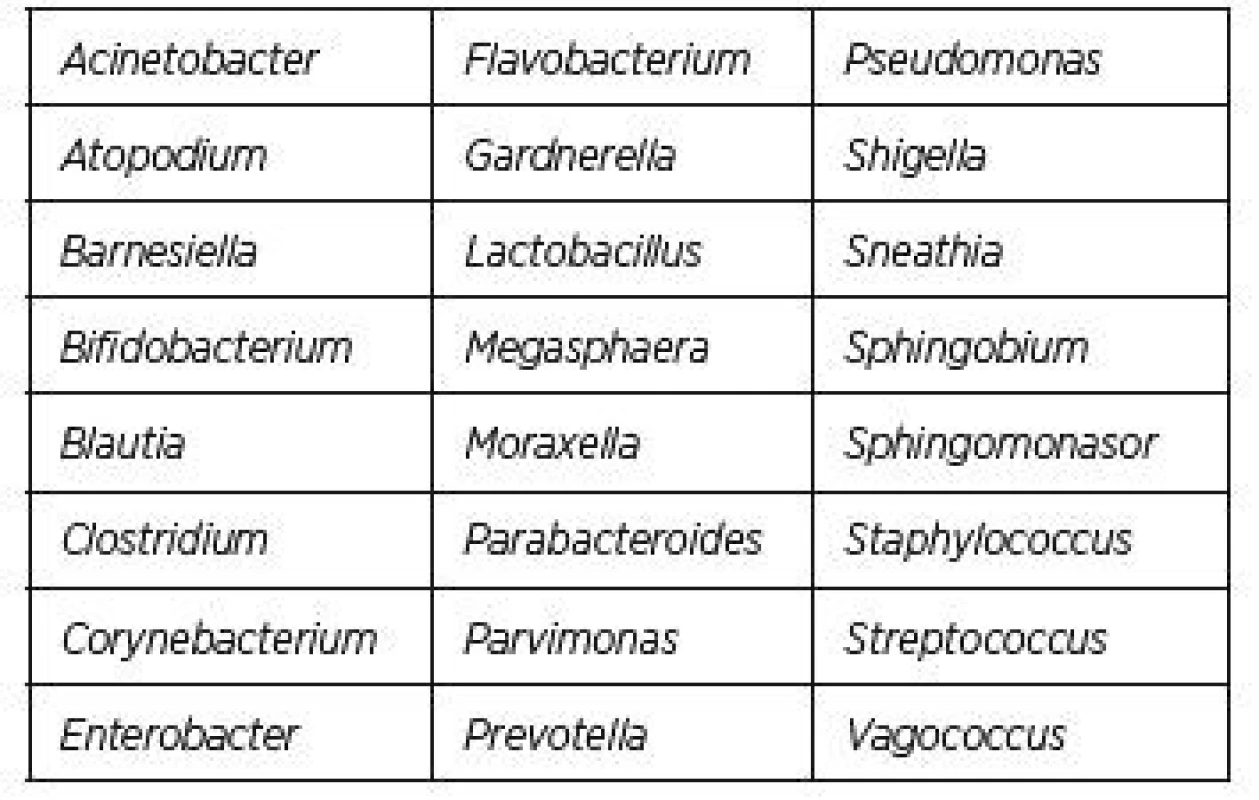 Přehled nejčastěji diagnostikovaných bakterií
mikrobiomu endometria metodou sekvenování charakteristických
hypervariabilních regionů V1-V9 rRNA 16S podjednotky ribozomu