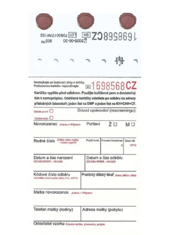 Odběrová „screeningová“ kartička. Správně provedený
odběr = vyznačená políčka jsou dokonale prosáknutá krví.
Před odběrem se vyplňují všechna políčka pro demografické
údaje a informace o novorozenci.