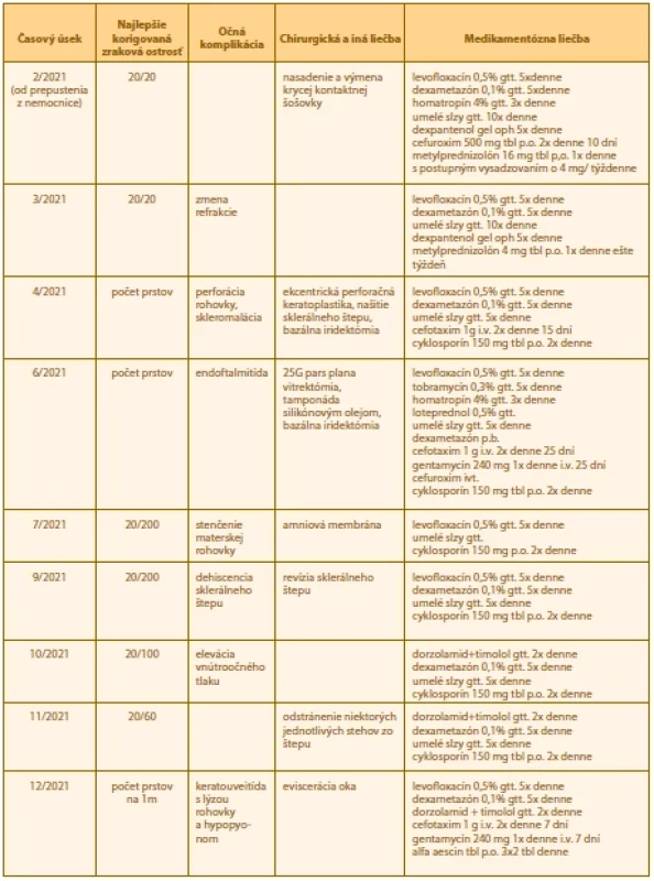 Najlepšie korigovaná zraková ostrosť, očné komplikácie a liečba ľavého oka pacientky po chemickom poleptaní zásadou
v časovom slede