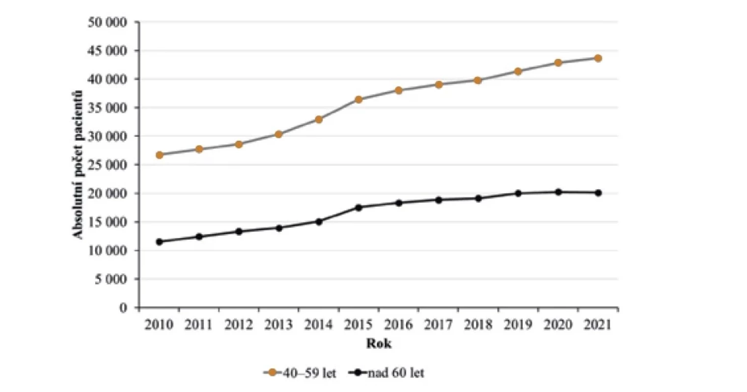 Vývoj počtu pacientů s atopickou dermatitidou ve věkových kategoriích 40–60
let a nad 60 let v letech 2010–2021