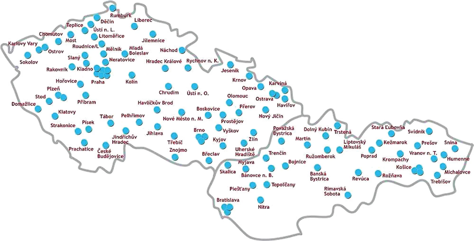Zúčastněná centra ve studii OBAAMA-INT z České a Slovenské republiky