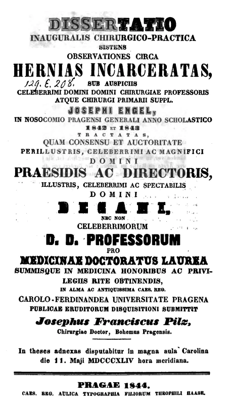 Příklad titulní stránky pražské lékařské dizertace:
J. F. Pilz, 1844<br>
Fig. 2. Example of the title page of a medical dissertation
written in Prague: J. F. Pilz, 1844