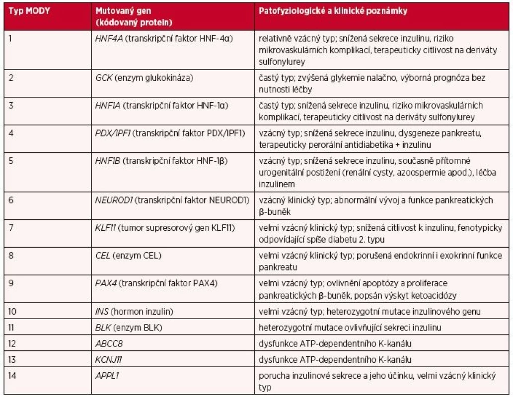 Typy MODY (upraveno podle Urbanová J, Brunerová L, Brož J. Diagnostika MODY – stručný přehled pro klinickou praxi. Vnitř. Lék. 2018; 64(4): 367–374)