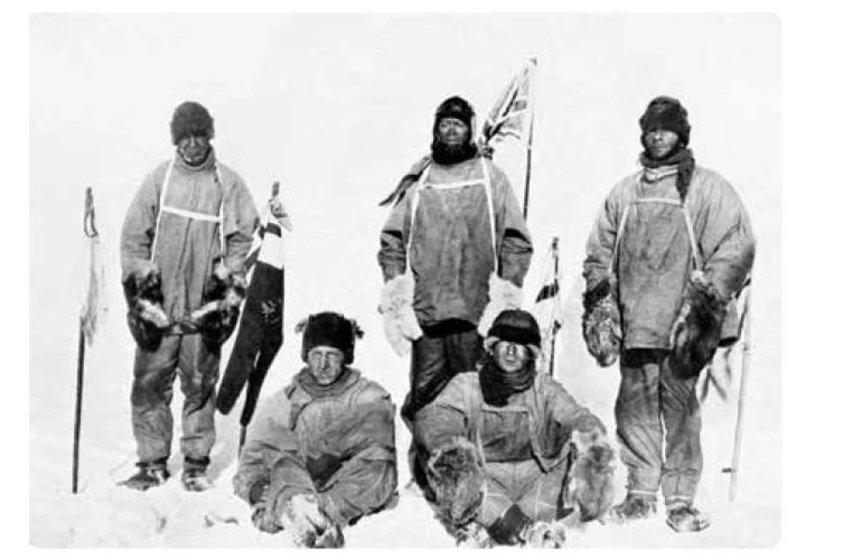 Členové točnového oddílu kapitána Scotta, kteří dosáhli dne 17. 1. 1912 jižního
pólu (zleva: L. Oates, H. R. Bowers, R. F. Scott, E. Wilson a E. Evans)