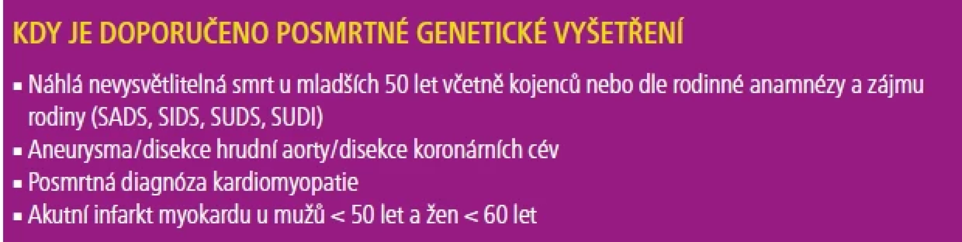 Případy, kdy indikovat genetické vyšetření při podezření na náhlou srdeční smrt.