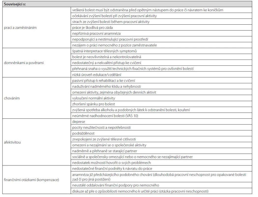 Přehled psychosociálních faktorů (žluté praporky) významných pro rozvoj chronicity a invalidity při bolestech zad v bederní oblasti dle Vrba I, 2004