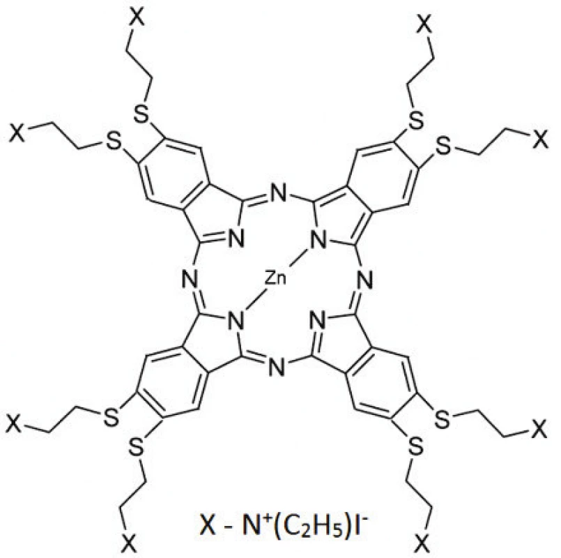 The chemical structure of the zinc phthalocyanine
(ZnPc) used in the study. The chemical formula
of ZnPc: 2,3,9,10,16,17,23,24-Octakis[(2-(triethylammonio)
ethyl)sulfanyl]phthalocyaninato]zinc(II) Octaiodide
[8].