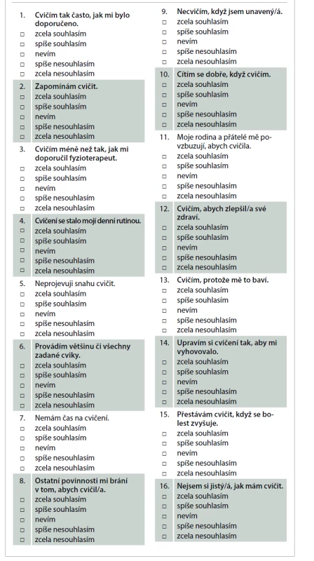 Škála hodnotící adherenci ke cvičení (EARS).<br>
Tab. 1. The Exercise Adherence Rating Scale (EARS).