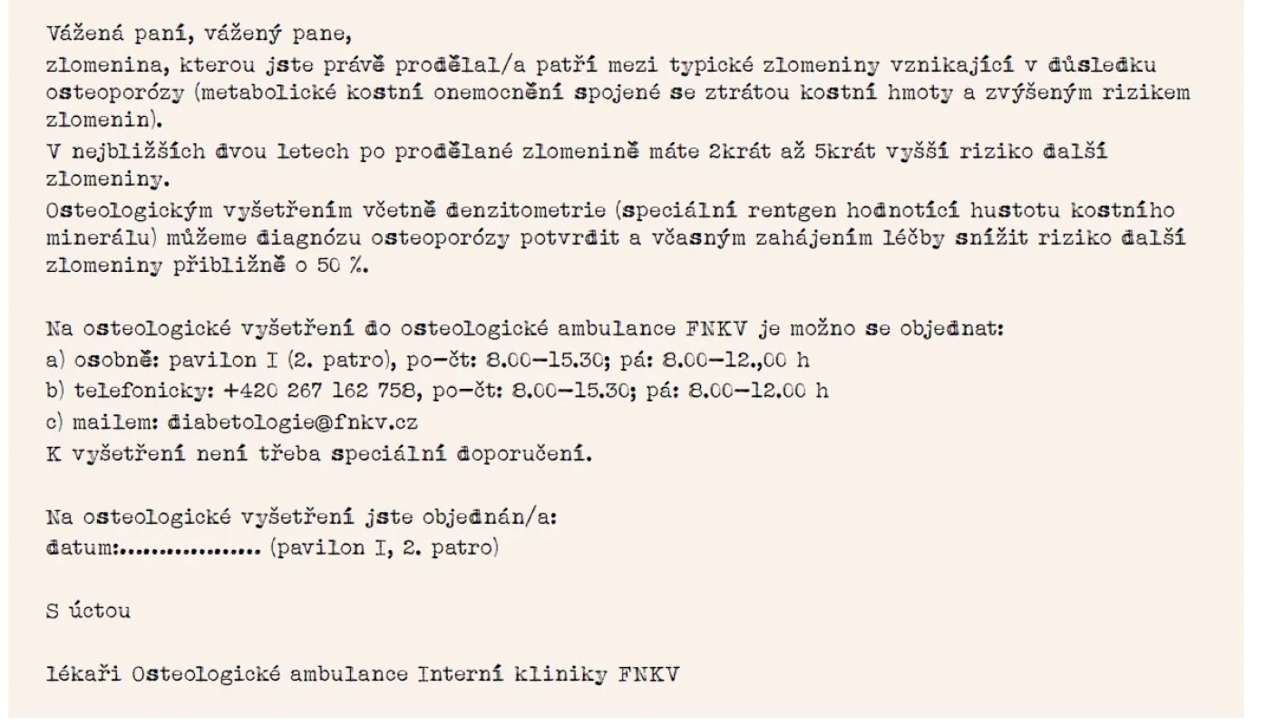 Zvací dopis pro pacienty objednané traumatologickou ambulancí do osteologické ambulance
