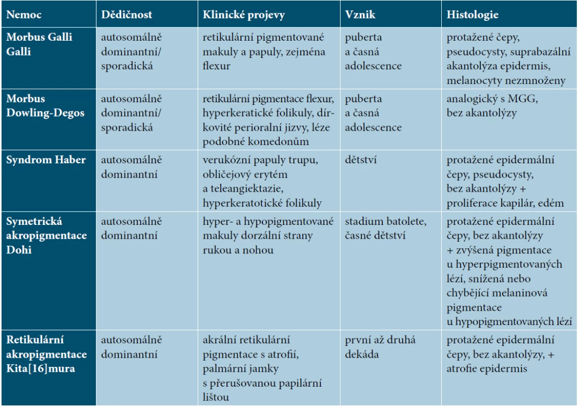 Nemoci s retikulární pigmentací kůže, přehled klinickopatologických charakteristik