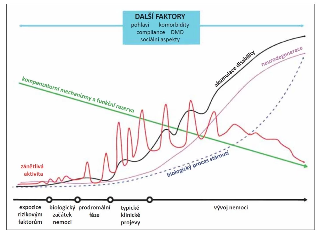 Faktory ovlivňující progresi RS v čase. Upraveno podle [34].<br>
DMD – chorobu modifikující léky<br>
Fig. 1. Pathways influencing development of MS progression in time. Adapted from [34].<br>
DMD – disease-modifying drugs