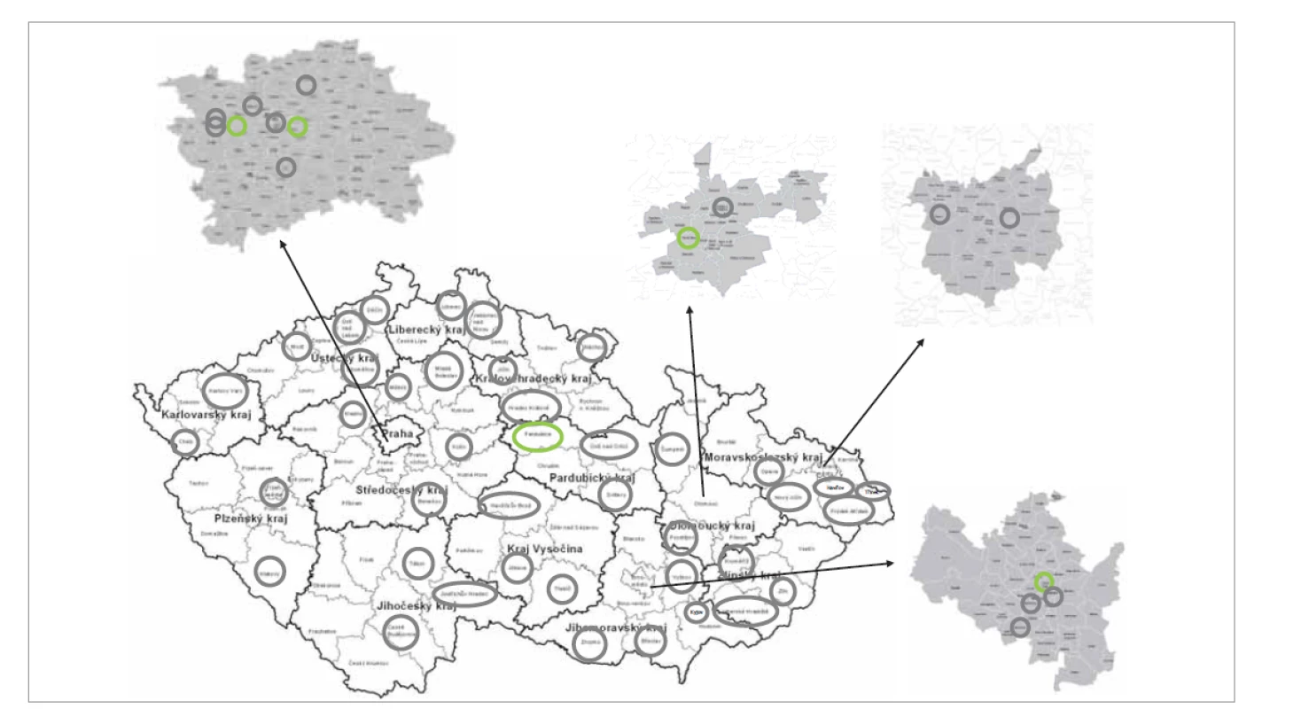 Pracoviště provádějící endoskopickou ušní chirurgii (zelená – provádějící, šedá – neprovádějící).<br>
Fig. 11. Departments performing endoscopic ear surgery (green – perform, grey – do not perform).