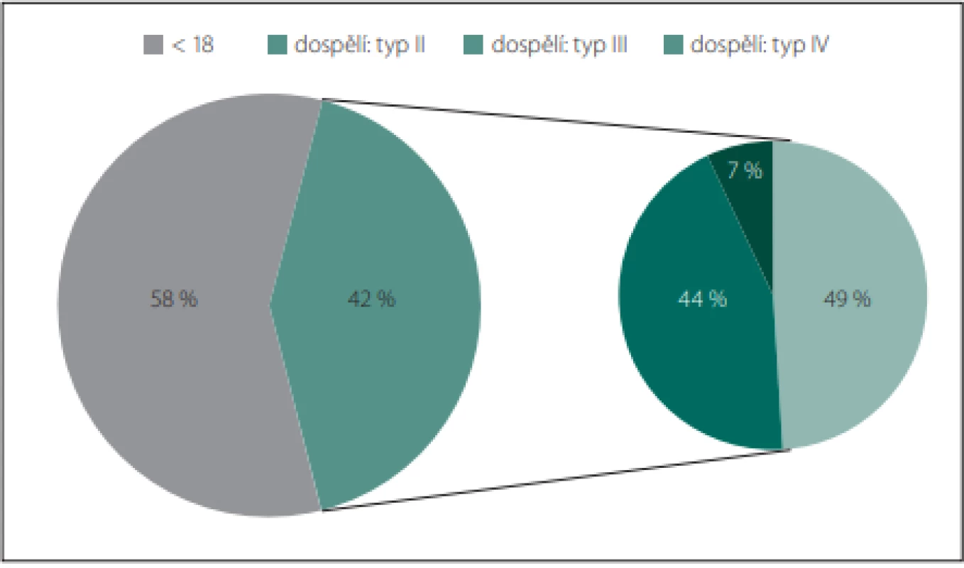 Distribuce typů SMA v dospělé populaci odhadovaná z údajů o incidenci, prevalenci a průměrné délce dožití.<br>
Fig. 1. Distribution of SMA types in the adult population estimated from the incidence,
prevalence and life expectancy data.