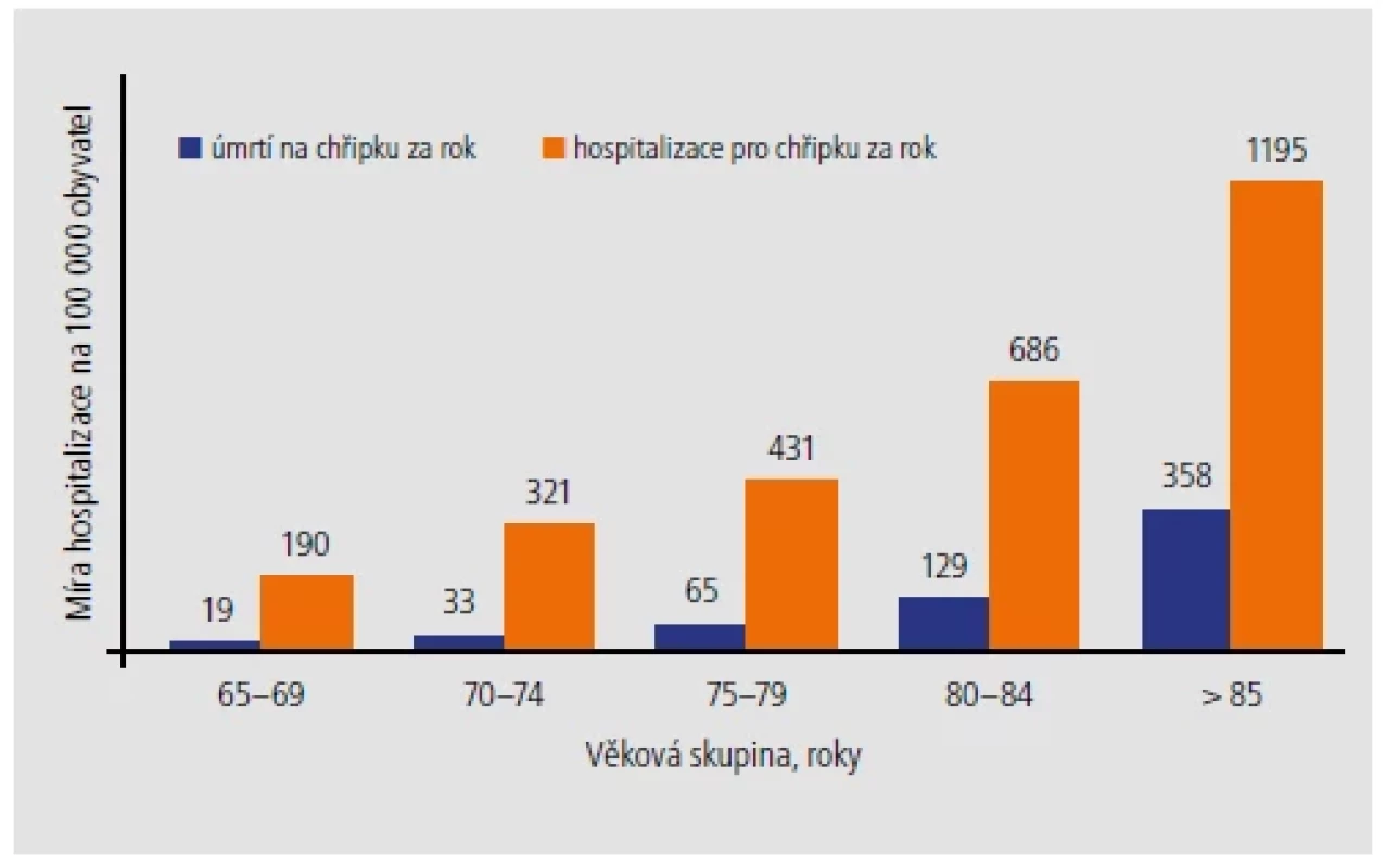 Riziko hospitalizace a úmrtí souvisejících s chřipkou se zvyšuje s věkem. [Upraveno podle 3]