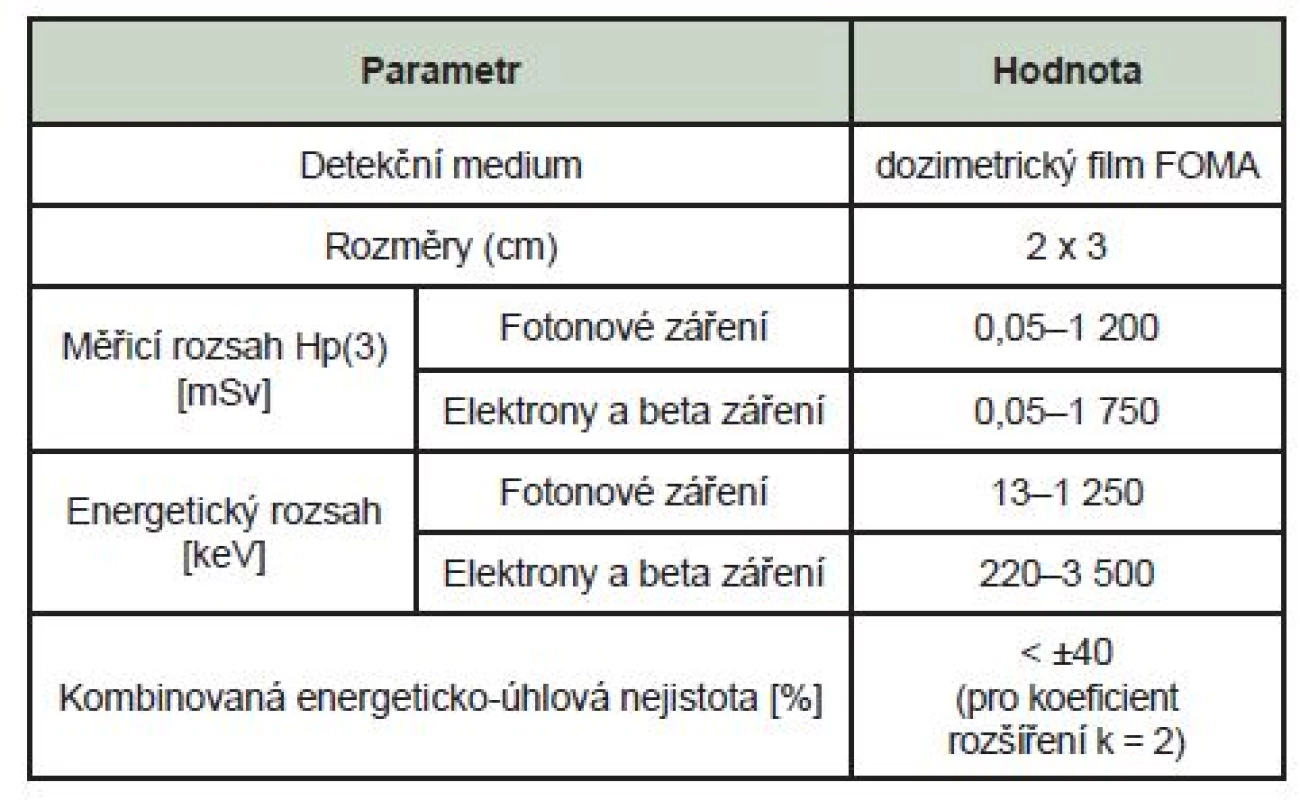Technické parametry dozimetru pro oční čočku. <sup>3</sup>