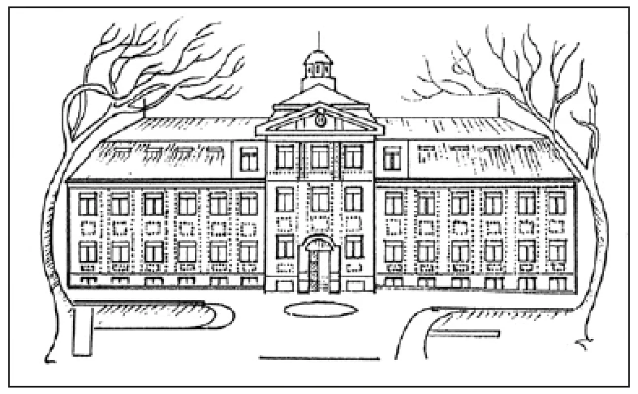 Budova Hagibor, postavená ve stylu moderního klasicismu
s prvky secese v letech 1909–1911 podle návrhu architekta Viktora
Kafky. Kresba někdejší pacientky Kliniky dětí a dorostu.
(z archivu autora)