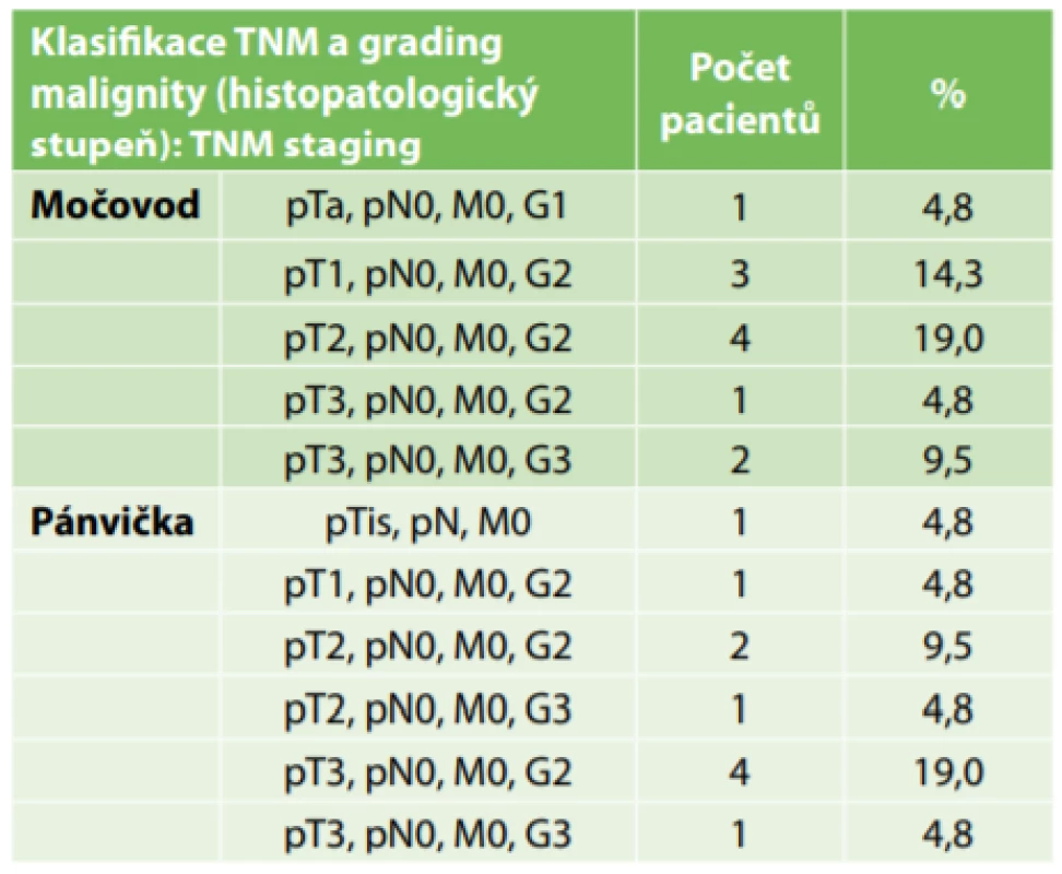 Klasifikace TNM (soubor 21 pacientů Oblastní nemocnice Náchod, 2014−2018) <br>
Tab. 2: TNM classification (21 patients in Regional Hospital Nachod, 2014−2018).
