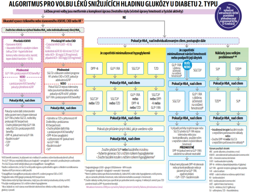 Algoritmus pro léčbu diabetu 2. typu podle aktualizovaného doporučení ADA/EASD z roku 2019. [Upraveno podle  publikace Buse et al. 2019 Update to:
Management of hyperglycemia in type 2 diabetes, 2018. A Consensus Report by the American Diabetes Association (ADA) and the European Association for the
Study of Diabetes (EASD). Diabetes Care 2020;43:487–493.]