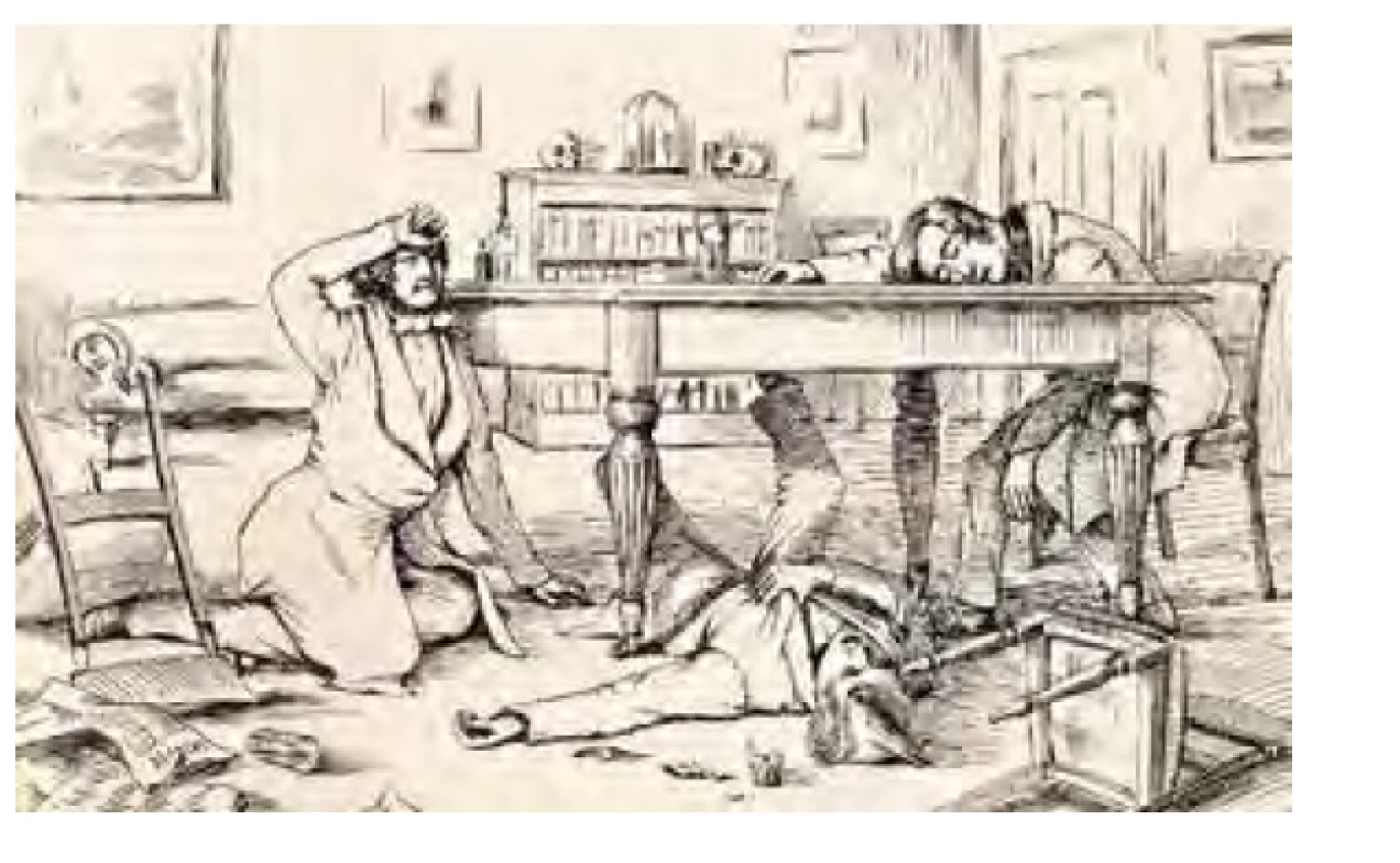 „Účinek tekutého chloroformu na Sira J. Y. Simpsona a jeho přátele.
Rozbitá sklenička použitá během experimentu leží na podlaze.“ Zdroj:
Wikimedia Commons (CC BY 4.0)