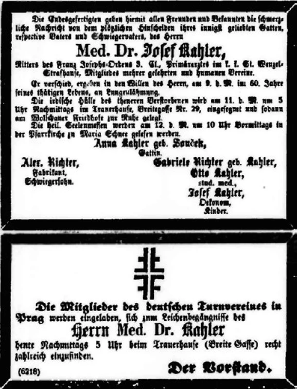 Oznámení úmrtí Josefa Kahlera v deníku
Bohemia (1870)