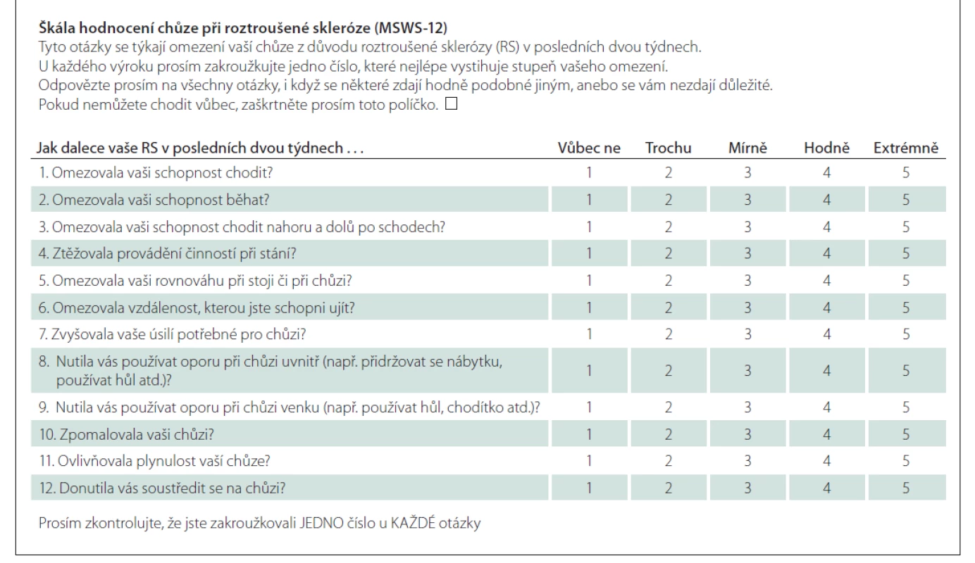Dotazník Multiple Sclerosis Walking Scale – česká verze.