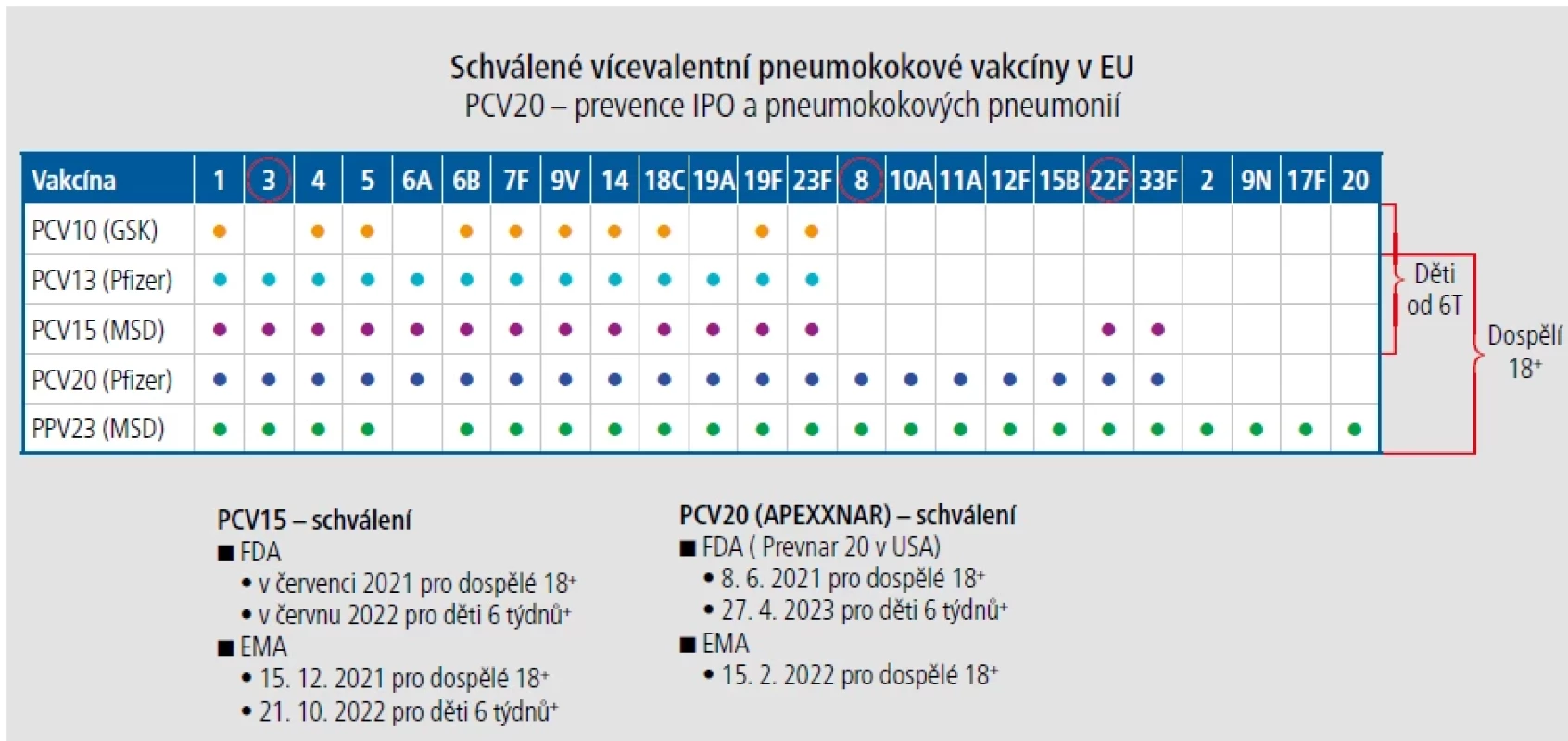 Sérotypy u schválených vícevalentních pneumokokových vakcín. [Upraveno podle 5–9]