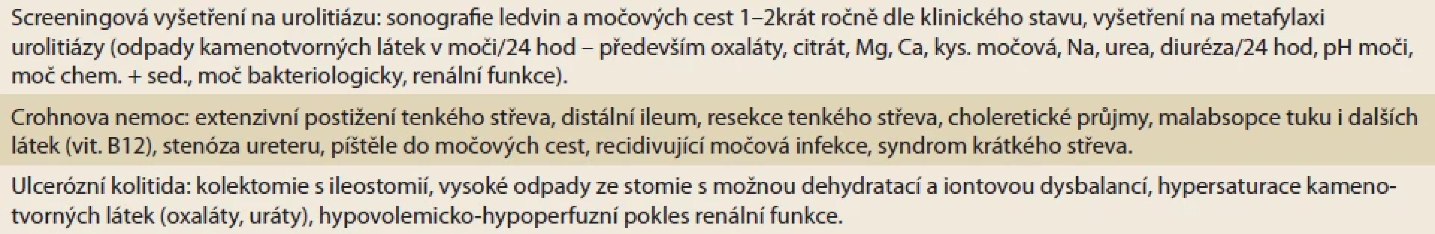 Doporučená pravidelná nefrologická vyšetření u pacientů s idiopatickými střevními záněty (nezbytná u nemocných po resekci střeva s vysokým rizikem urolitiázy).</br>Tab. 2. Recommended regular nephrological examinations in patients with inflammatory bowel diseases (necessary in patients after bowel resection with a high risk of urolithiasis).