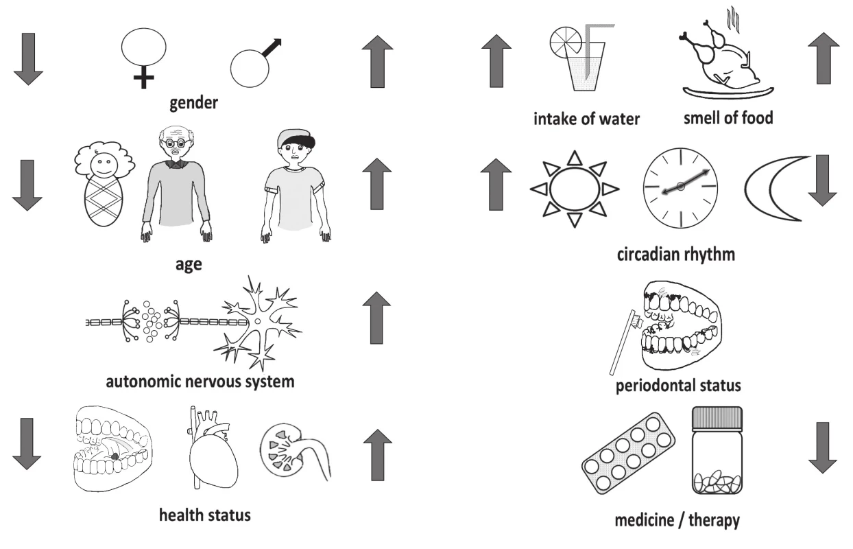 Factors influencing the production of saliva include e.g. gender, age, autonomous nerve system, circadian rhythm,
water intake, sensoric stimuli, oral and systemic health status, and medication and cure