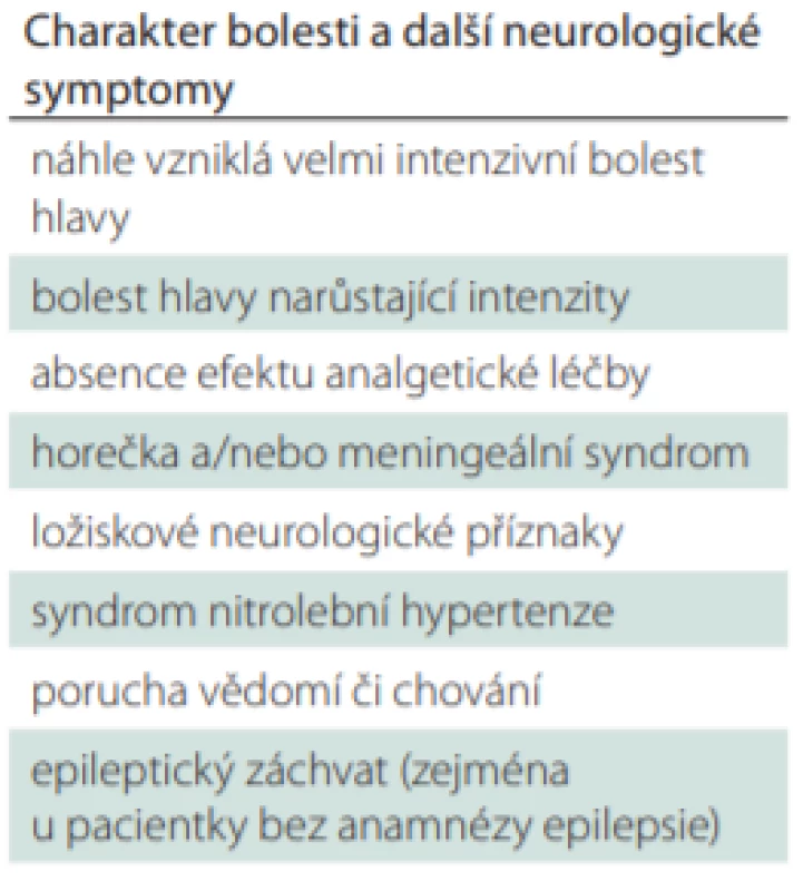 Charakter bolesti a/nebo další
symptomy a změny klinického neurologického nálezu, poukazující na
zvýšené riziko závažné příčiny bolestí hlavy