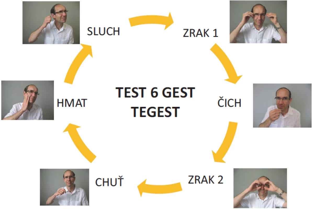 Šest gest symbolizujících lidské smysly k testování krátkodobé paměti testem TEGEST jsou v pořadí, jako by byly uspořádány do
kruhu od úst (1. chuť – jíte lžící) přes tvář (2. hmat – hladíte se po tváři), ucho (3. sluch – telefonujete), oči (4. zrak – nasadíte si brýle) k nosu
(5. čich – přičichnete ke květině). Nakonec se přidává jedno gesto týkající se znovu zraku (6. díváte se dalekohledem).<br>
Fig. 1. Six gestures symbolizing the human senses to examine short-term memory with the TEGEST test are in the order as if they were
arranged in a circle from the mouth (1. taste – you are eating with a spoon), followed by the face (2. touch – you stroke your cheek), the
ear (3. hearing – you are making a telephone call), the eyes (4. sight – you are putting on your glasses), and up to the nose (5. smell – you
are smelling a flower). Finally, one gesture related to sight is added (6. you are looking through a pair of binoculars).