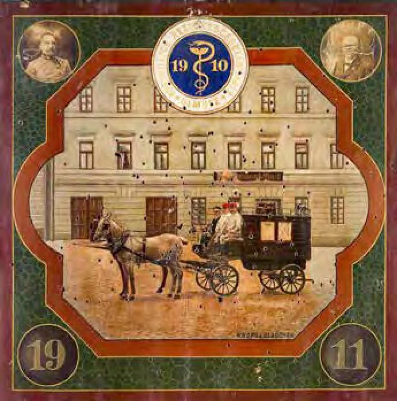 „Střelecký terč k založení Dobrovolné záchranné společnosti r. 1910“,
olej na dřevě, Knops a Blaschek, 1911, Vlastivědné muzeum v Olomouci,
podsbírka Olomuciana