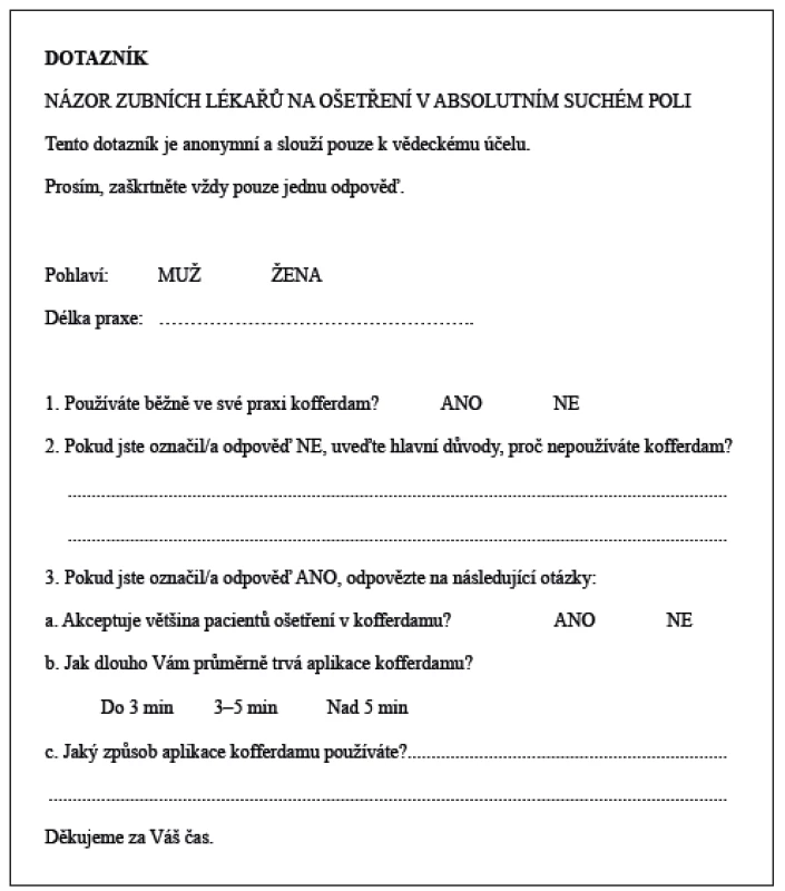 Vzor dotazníku pro lékaře<br>
Fig. 5 Questionnaire for dentists