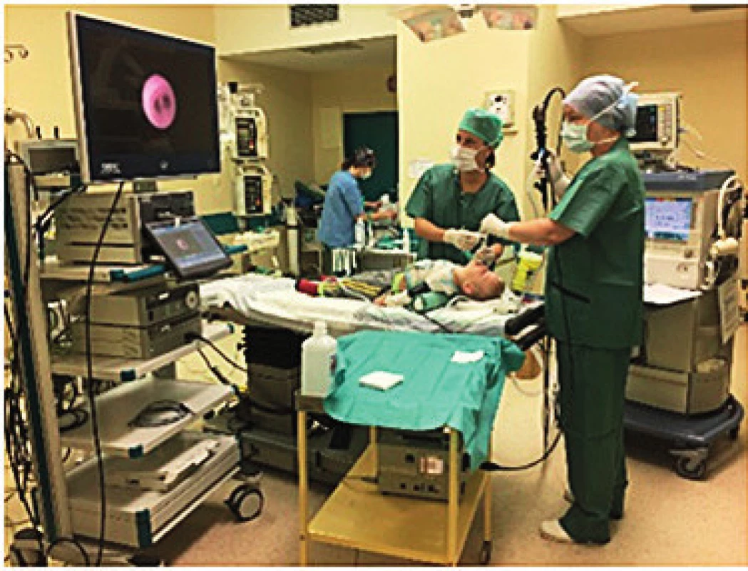  Pohľad na operačnú sálu pri flexibilnej bronchoskopii u dieťaťa v celkovej anestézii.<br> Fig. 3.  A view of the operating theatre at flexible bronchoscopy in a child in general anesthesia.

