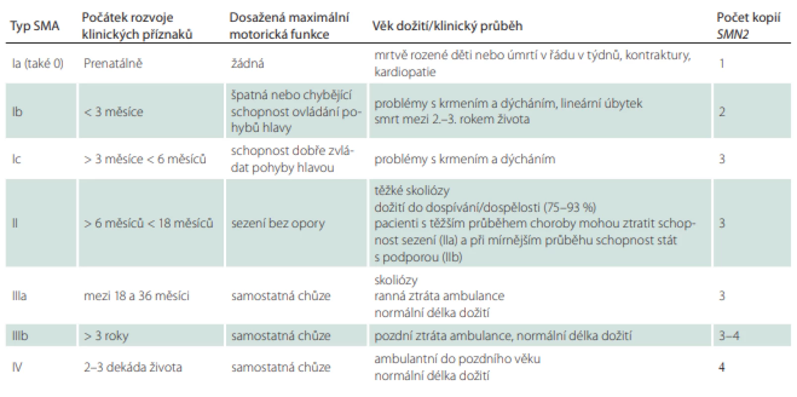 Klasifikace typů a podtypů SMA dle dosaženého stupně motorického vývoje.