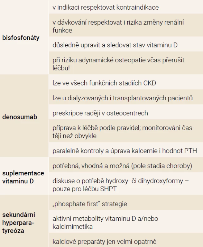 Základní body pro diagnostiku a léčbu
osteopatie spojené s nízkou kostní denzitou
u nefrologických pacientů (léčba koordinovaná,
nasazena a monitorována ve spolupráci
nefrologa a osteologa)