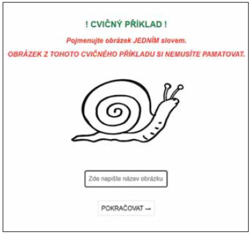 Cvičný příklad u úlohy s pojmenováním a vybavením
obrázků. <br> 
Fig. 5 A practice trial of a task with naming and recall of
pictures.