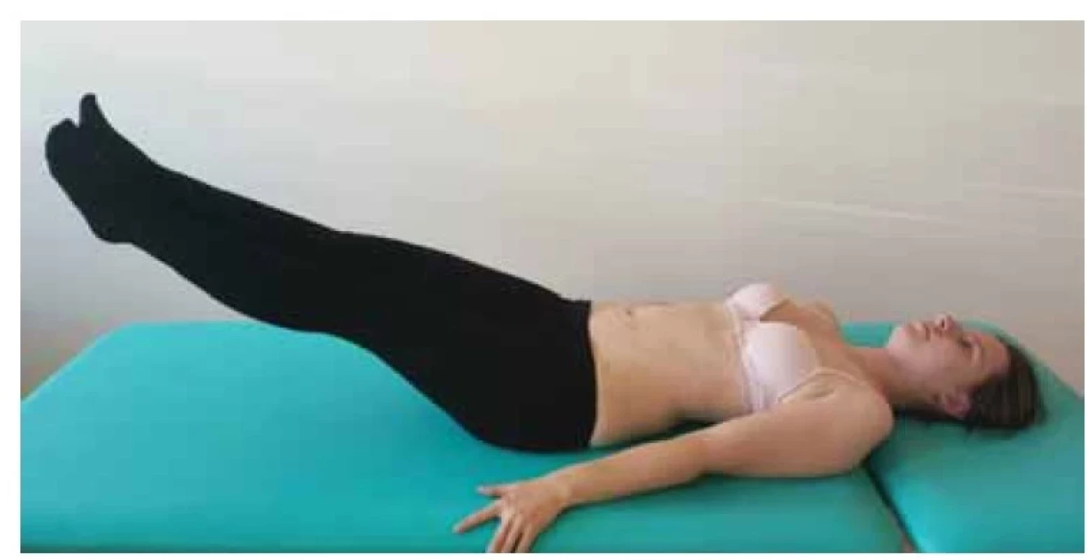 Vyšetrenie diastázy m. rectus abdominis, test elevacie dolných končatín.<br>
Fig. 1. Examination of the diastasis of m. rectus abdominis, lower limb elevation
test.