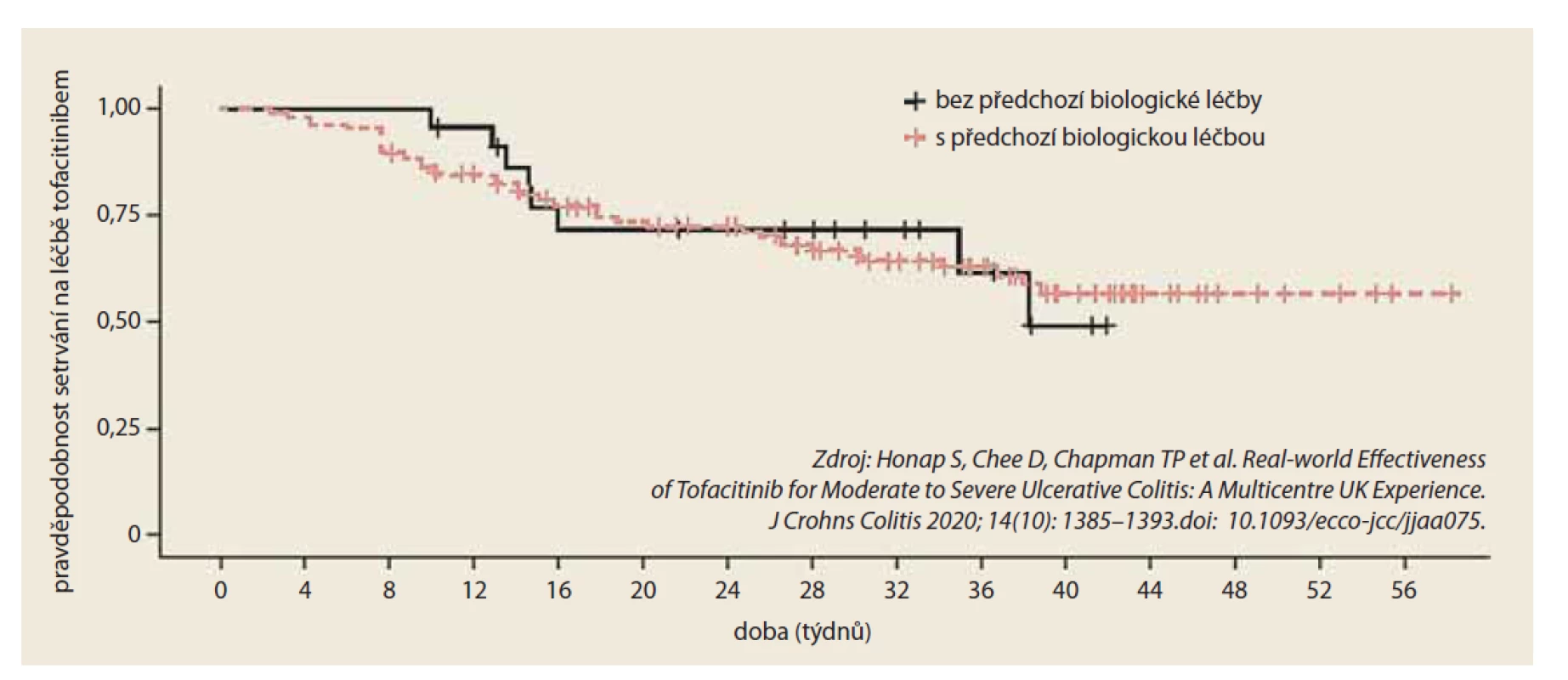 Perzistence na léčbě tofacitinibem s ohledem na předcházející expozici biologickým lékům.<br>
Fig. 1. Persistence in treatment with tofacitinib due to previous exposure to biological drugs.
